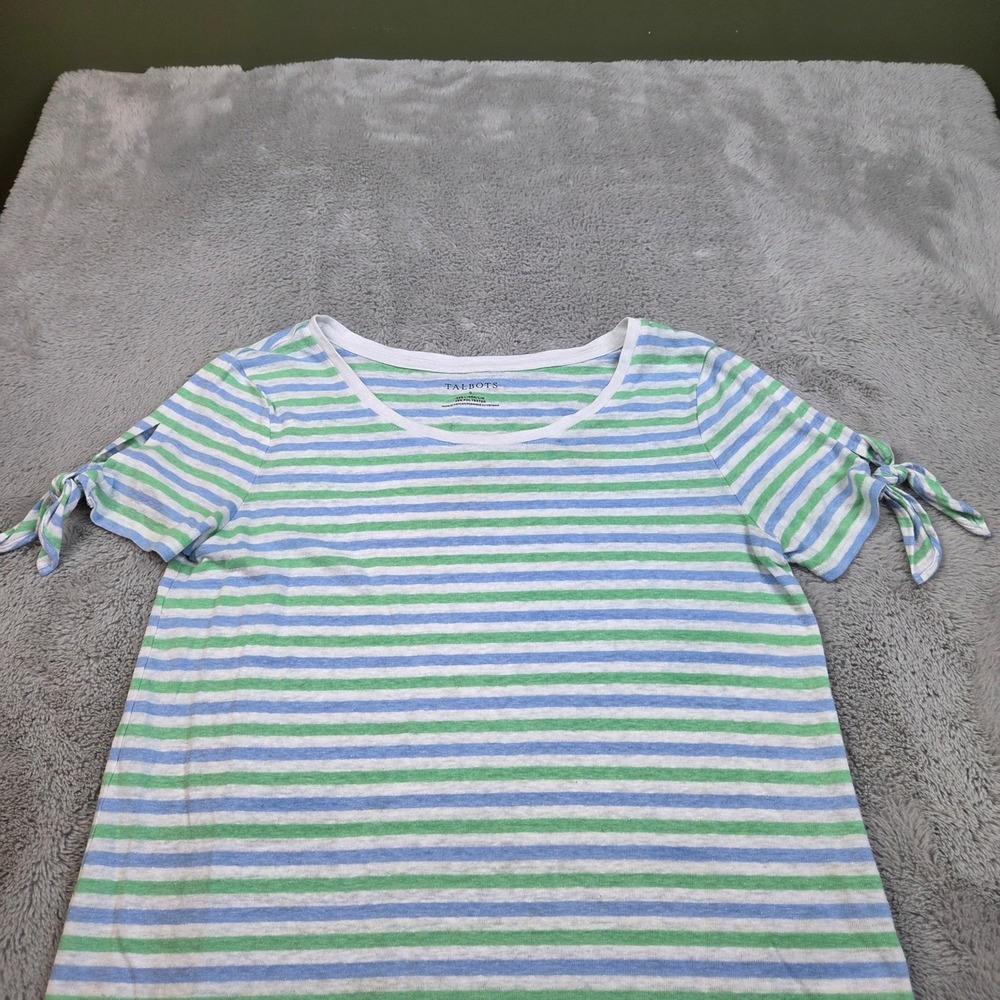 Talbots Linen Striped Top Womens S Tie Sleeve Scoop Neck Blue Green Tee 80 Chars